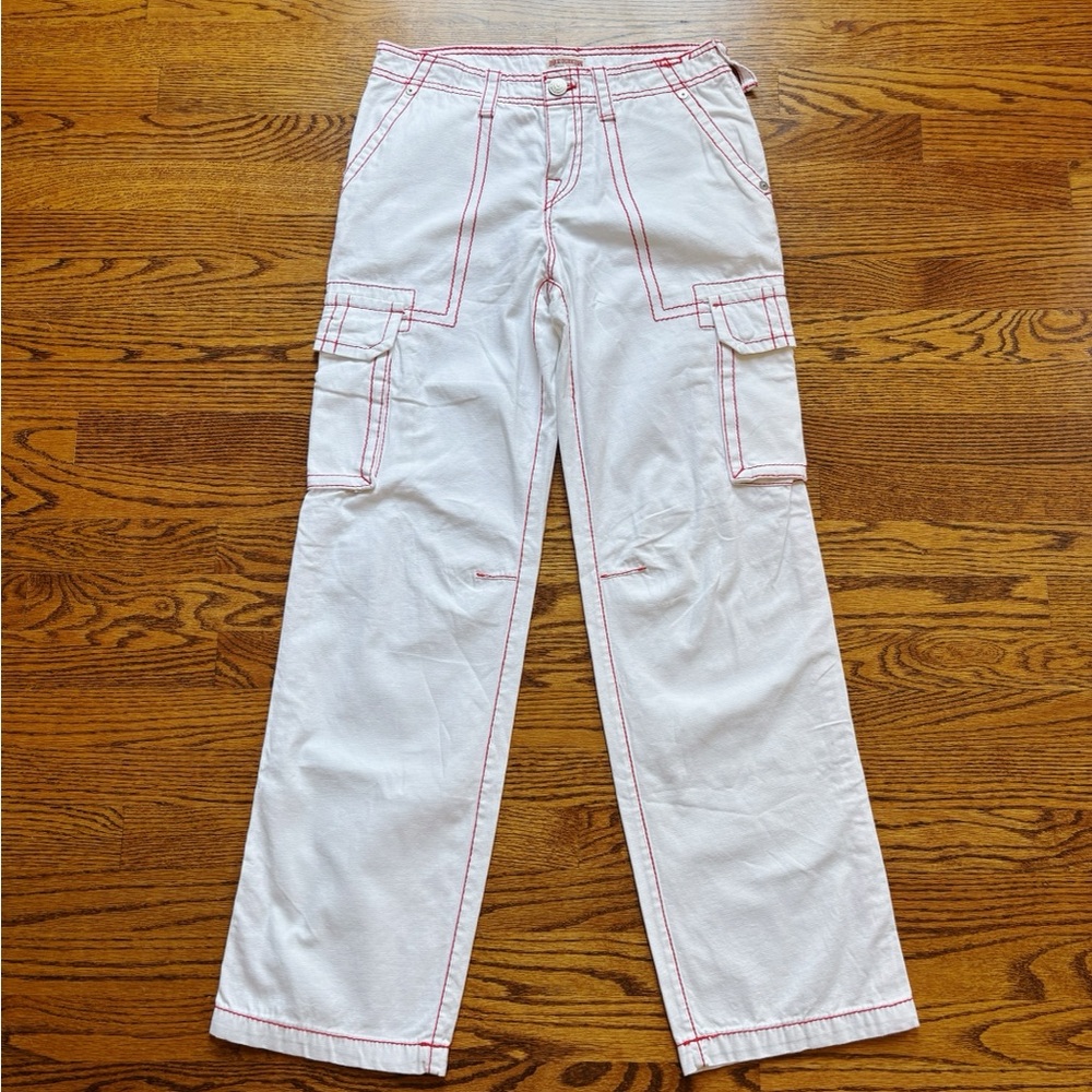 True Religion White Cargo Pants with Red Stitching